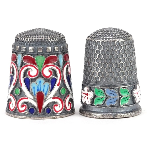 699 - Two silver and champlevé enamel thimbles, impressed Russian marks, 2.3cm high, total 21.4g