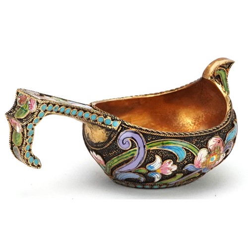 691 - A silver gilt and champlevé enamel pap boat, impressed Russian marks, 7.5cm in length, 48.7g.