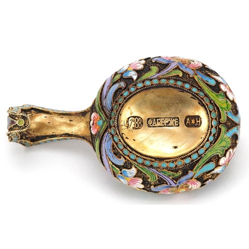 691 - A silver gilt and champlevé enamel pap boat, impressed Russian marks, 7.5cm in length, 48.7g.