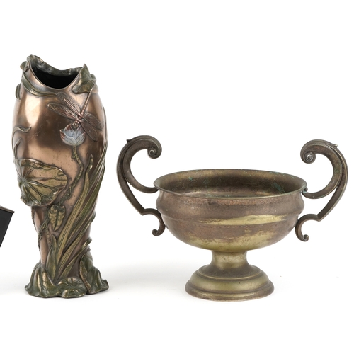 1225 - An Art nouveau style vase, a brass trim handle trophy cup, a mantel clock and a carved hard stone In... 