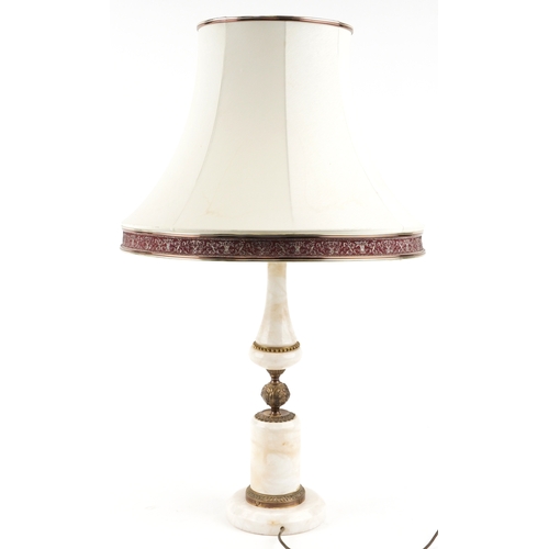 1158 - A mid 20th century turned alabaster and gilt metal mounted table lamp with cream cloth shade, H-85cm... 