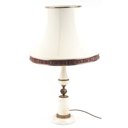 1158 - A mid 20th century turned alabaster and gilt metal mounted table lamp with cream cloth shade, H-85cm... 