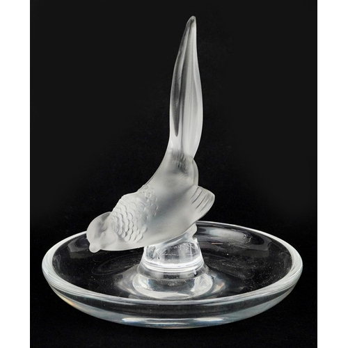 23 - A Lalique frosted glass pheasant ring dish, mark to base, H-10cm.