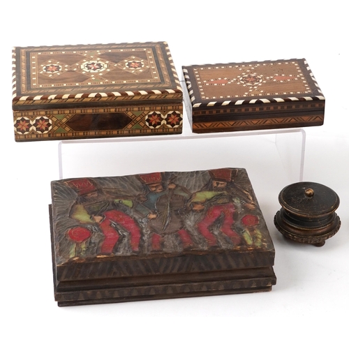 1189 - A group of six various Middle Eastern boxes, 20th century, the largest 25cm wide, together with an e... 