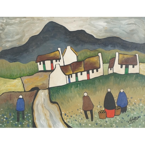 2802 - After Markey Robinson - Figures before houses, 20th century Irish school gouache on canvas, framed, ... 