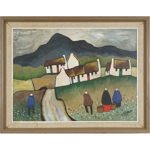 2802 - After Markey Robinson - Figures before houses, 20th century Irish school gouache on canvas, framed, ... 