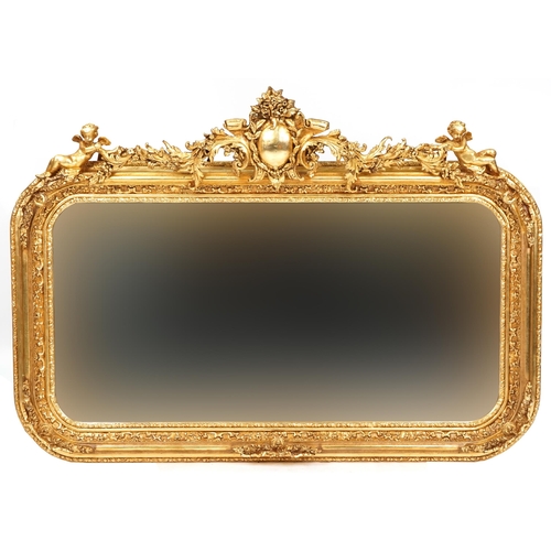 1035 - A modern 18th century style gilded overmantle mirror, 100cm x 144cm.