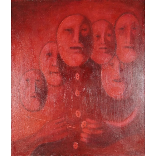 In the manner of Oleg Tselkov - Faces in red, mid 20th century Russian Surrealist school oil on canvas, signed verso, unframed, 96cm x 82cm.