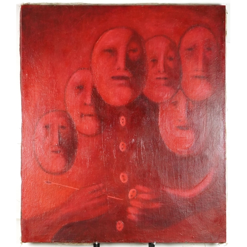 2623 - In the manner of Oleg Tselkov - Faces in red, mid 20th century Russian Surrealist school oil on canv... 