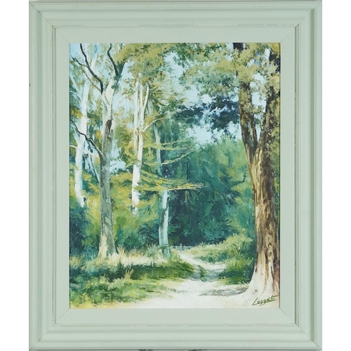 2792 - Douglas Leggat - Forest path, late 20th century British school oil on canvas, signed, framed, 50cm x... 