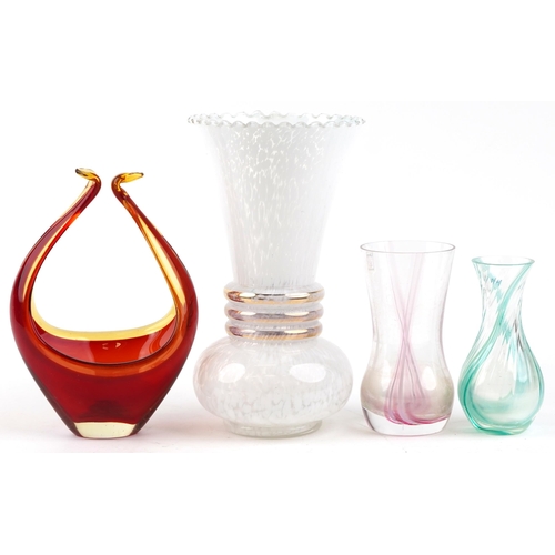 1224 - Two vintage Caithness glass vases together with a Murano centrepiece and a large flared white glass ... 