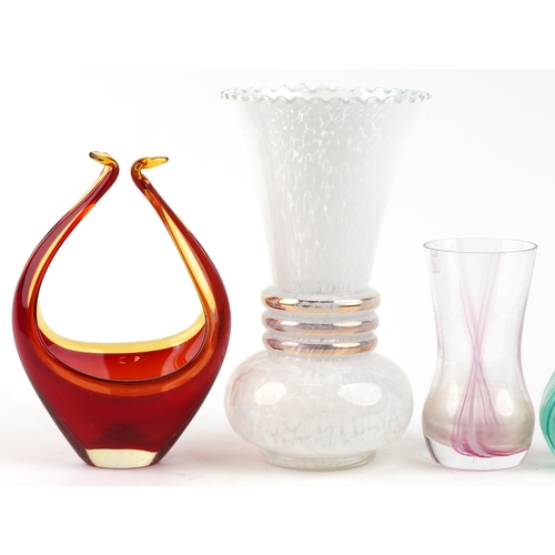 1224 - Two vintage Caithness glass vases together with a Murano centrepiece and a large flared white glass ... 