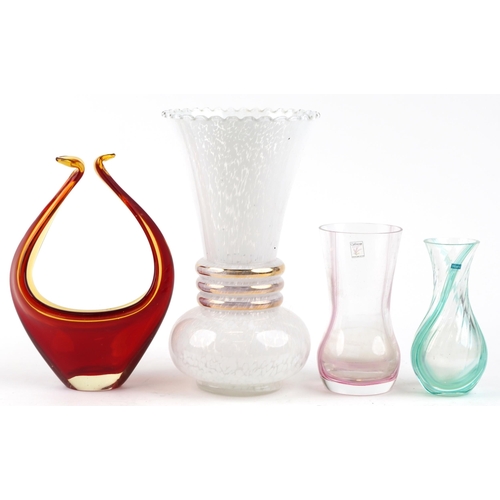 1224 - Two vintage Caithness glass vases together with a Murano centrepiece and a large flared white glass ... 