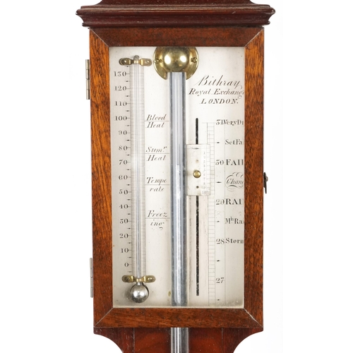 364 - A late 18th century stick barometer, the silvered plaque engraved Bithray, The Royal Exchange, 99cm ... 