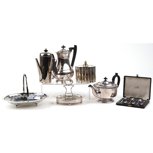 1211 - A small collection of mixed plated items including a Garrard & Co. coffee pot, 23cm high.