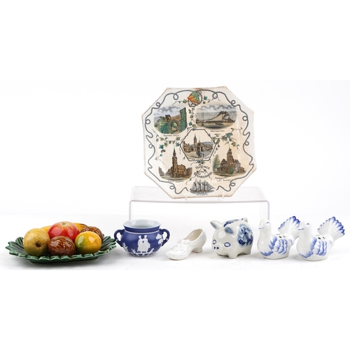 1272 - A mixed group of British and continental ceramic items including a Dutch Delft piggy bank, a Wedgwoo... 