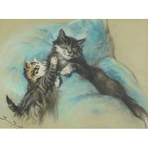 Fannie Moody (1861-1948) - Young kitten waking up mum, late 19th/early 20th century British school pastel on paper, signed, framed, 31cm x 43cm.