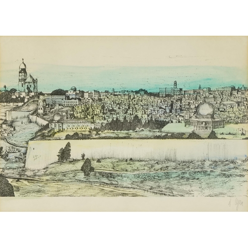 2822 - Middle Eastern city, late 20th century hand coloured print, signed, framed, 33cm x 48cm.