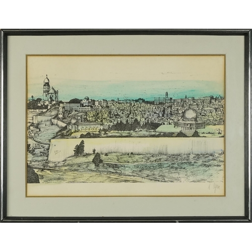 2822 - Middle Eastern city, late 20th century hand coloured print, signed, framed, 33cm x 48cm.