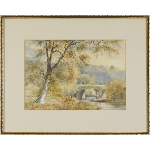 2828 - Figures on a bridge, 19th century British school watercolour on paper, framed, 23cm x 33cm.