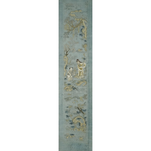 384 - A Chinese silk embroidered panel, 20th century, framed, 54cm x 12cm.