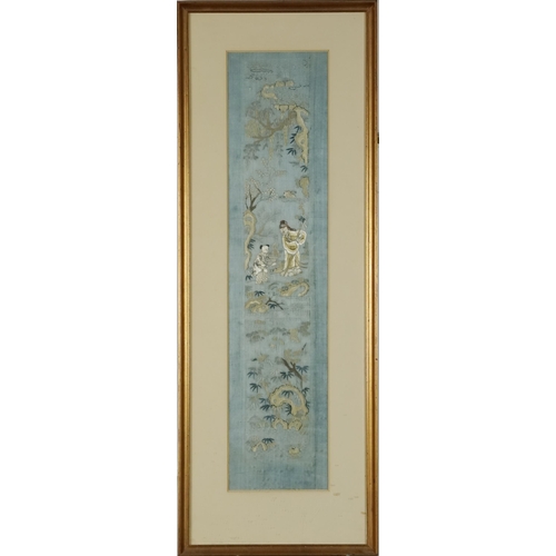 384 - A Chinese silk embroidered panel, 20th century, framed, 54cm x 12cm.