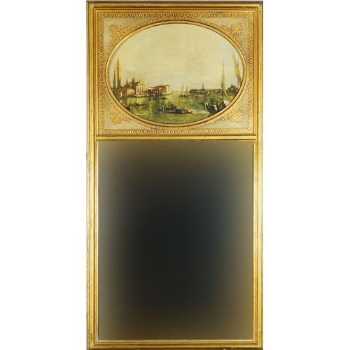 1152 - Late 20th century gilt framed wall mirror inset with an oval print of Venice, 93cm x 48cm.