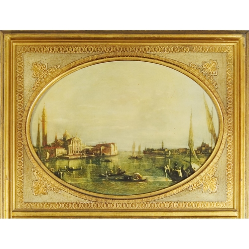 1152 - Late 20th century gilt framed wall mirror inset with an oval print of Venice, 93cm x 48cm.