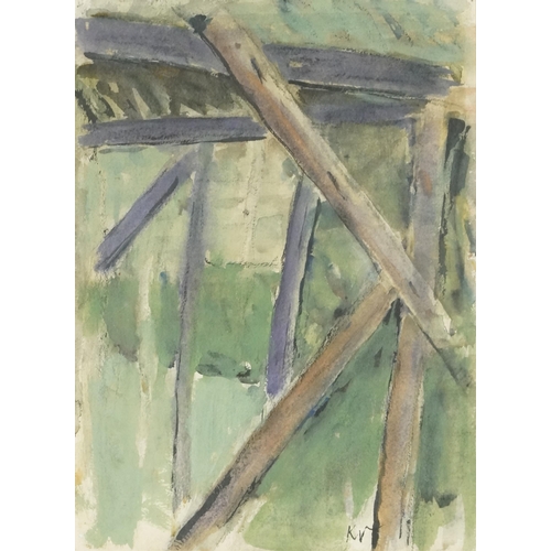 2823 - K V - Abstract composition, 20th century watercolour on paper, initialled, framed, 39cm x 29cm.