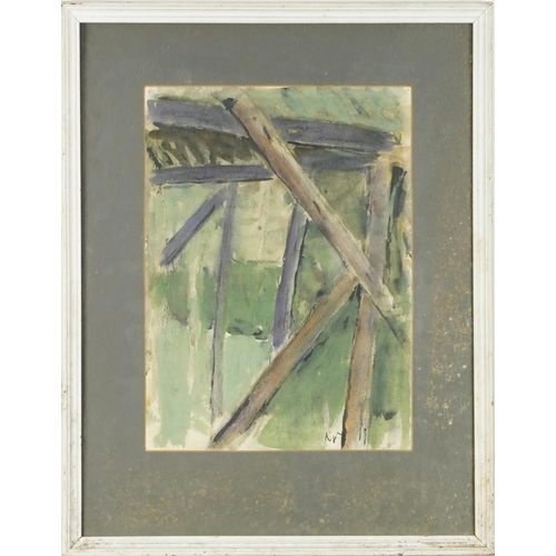 2823 - K V - Abstract composition, 20th century watercolour on paper, initialled, framed, 39cm x 29cm.