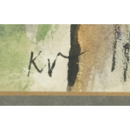 2823 - K V - Abstract composition, 20th century watercolour on paper, initialled, framed, 39cm x 29cm.