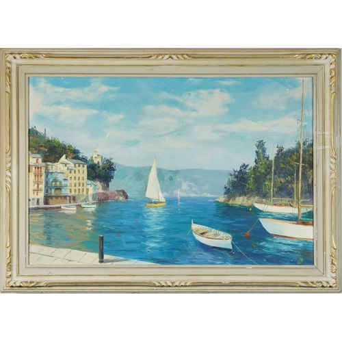 2584 - Harbour scene, 20th century Continental School, oil on canvas, framed, 58cm x 88cm.