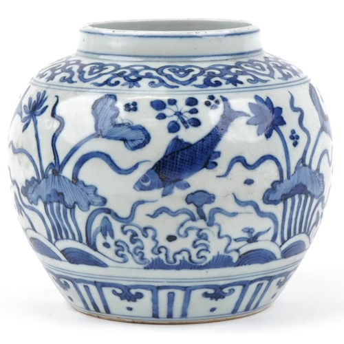 303 - A Chinese blue and white porcelain vase hand painted with fish and aquatic life, six figure characte... 