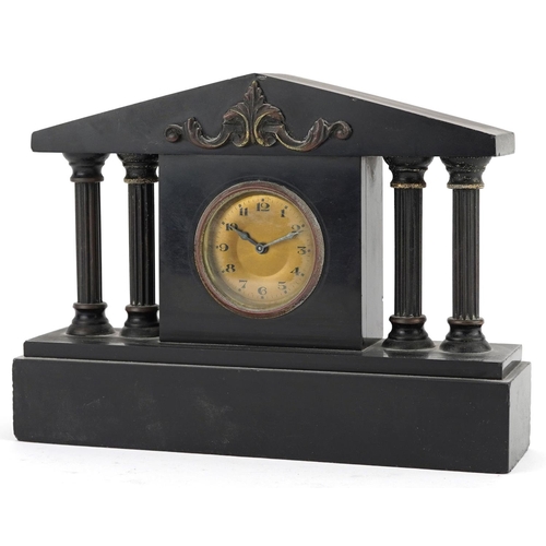 1302 - A Victorian black slate mantle clock with architectural column supports having gilt dial with Arabic... 