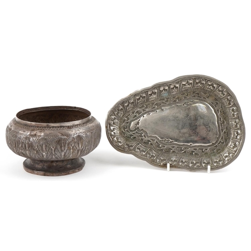 280 - An Indian .800 silver bowl with embossed decoration, 13cm in diameter, together with an Indian .800 ... 