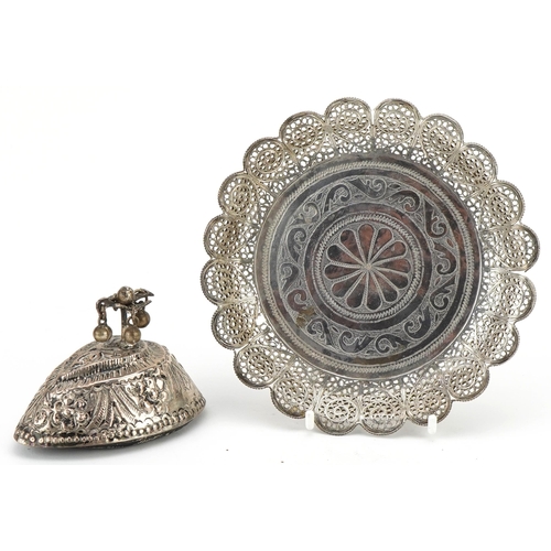 279 - An Indian .800 silver filigree dish, 15cm in diameter, together with an Indian .800 silver desk blot... 