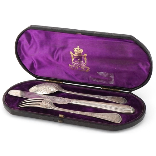 283 - Victorian aesthetic matched silver knife, fork and spoon christening set housed in a Mappin & Webb v... 