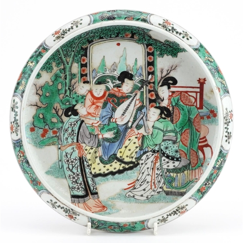 323 - Chinese porcelain shallow bowl hand painted in the famille verte palette with empresses and children... 