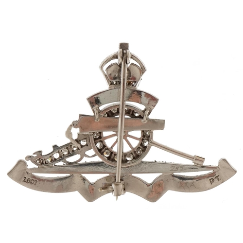 223 - Military interest 18ct white gold, diamond and enamel Royal Artillery sweetheart brooch, 4cm wide, 7... 