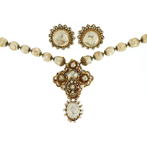 623 - Miriam Haskell, vintage simulated Baroque pearl and gilt metal necklace with matching earrings, the ... 