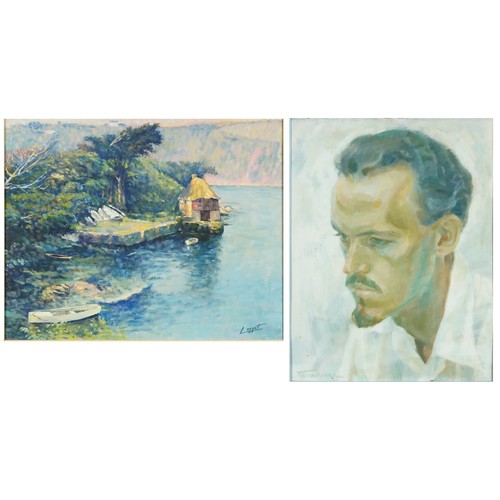 2793 - June Menoza - Portrait of Douglas Leggat, mid 20th century oil on board, signed, framed, 40cm x 30cm... 