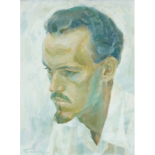 2793 - June Menoza - Portrait of Douglas Leggat, mid 20th century oil on board, signed, framed, 40cm x 30cm... 