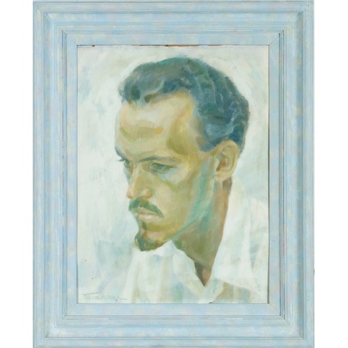 2793 - June Menoza - Portrait of Douglas Leggat, mid 20th century oil on board, signed, framed, 40cm x 30cm... 