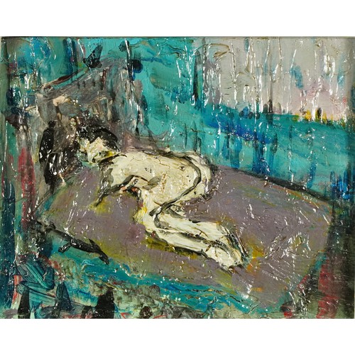 2650 - Nude figure, abstract oil impasto housed in an ornate cream frame, 24cm x 19cm.