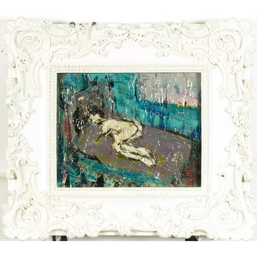 2650 - Nude figure, abstract oil impasto housed in an ornate cream frame, 24cm x 19cm.