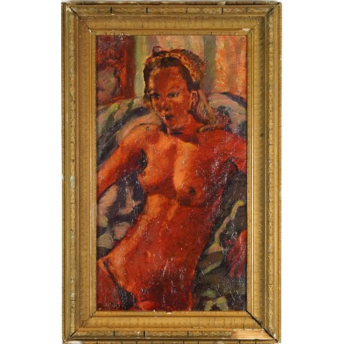 2816 - Manner of Colin Moss - Nude African female, oil on board, framed, 66cm x 36cm.