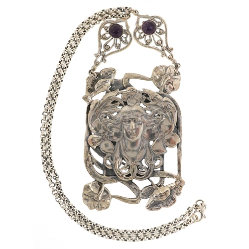 2528 - An Art Nouveau style sterling silver and cabochon amethyst necklace, 42cm in length, 48.2g.