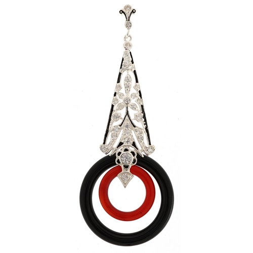 2388 - An Art Deco style silver red glass pendant set with clear stones, 7.5cm high, 9.0g.