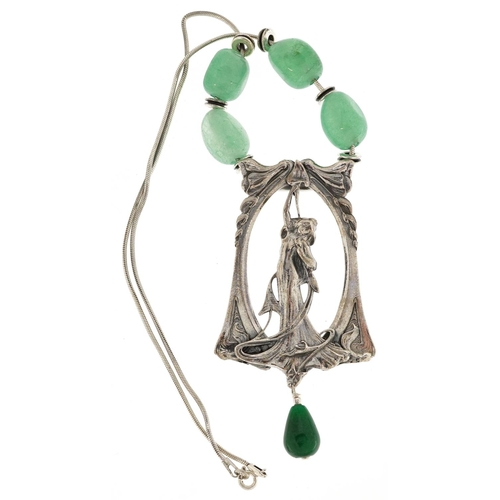 2505 - An Art Nouveau style silver and green jade necklace, 40cm in length, 48.8g.