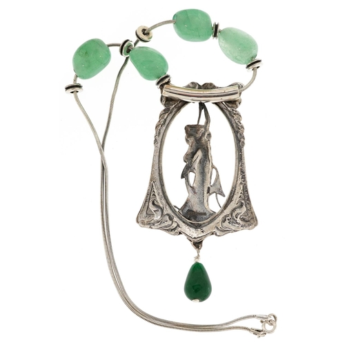 2505 - An Art Nouveau style silver and green jade necklace, 40cm in length, 48.8g.